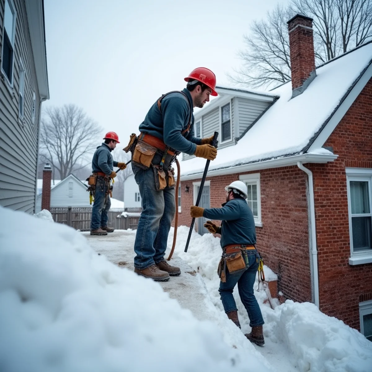 Roofer using a low-pressure steamer to melt an ice dam off the eave of a West Roxbury Cape in Boston, MA