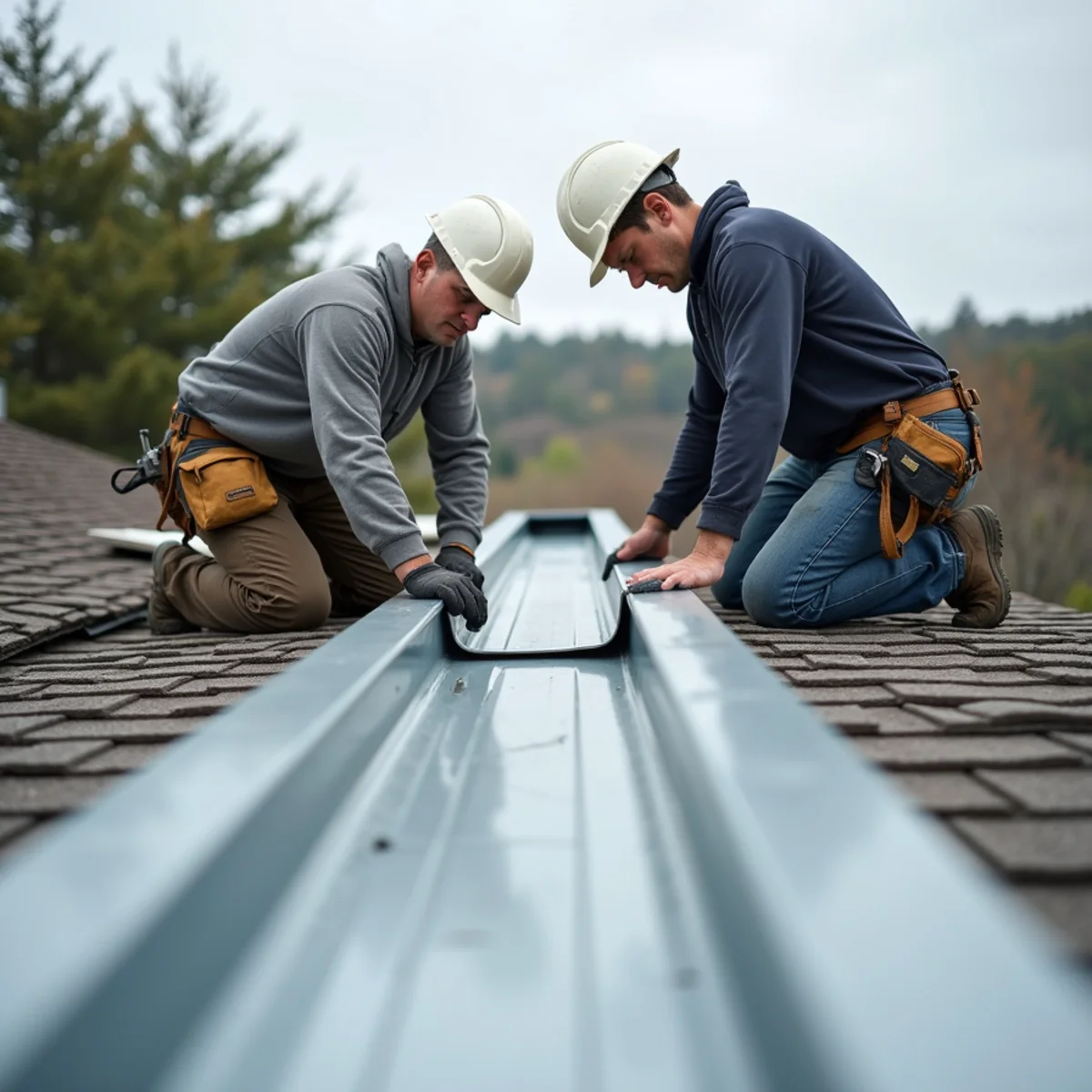 Standing seam metal panels being set on concealed clips