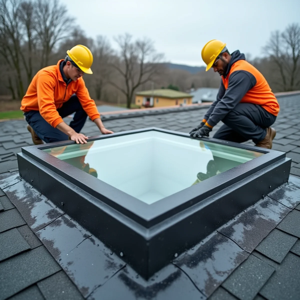 Newly installed skylight with a correctly lapped flashing kit
