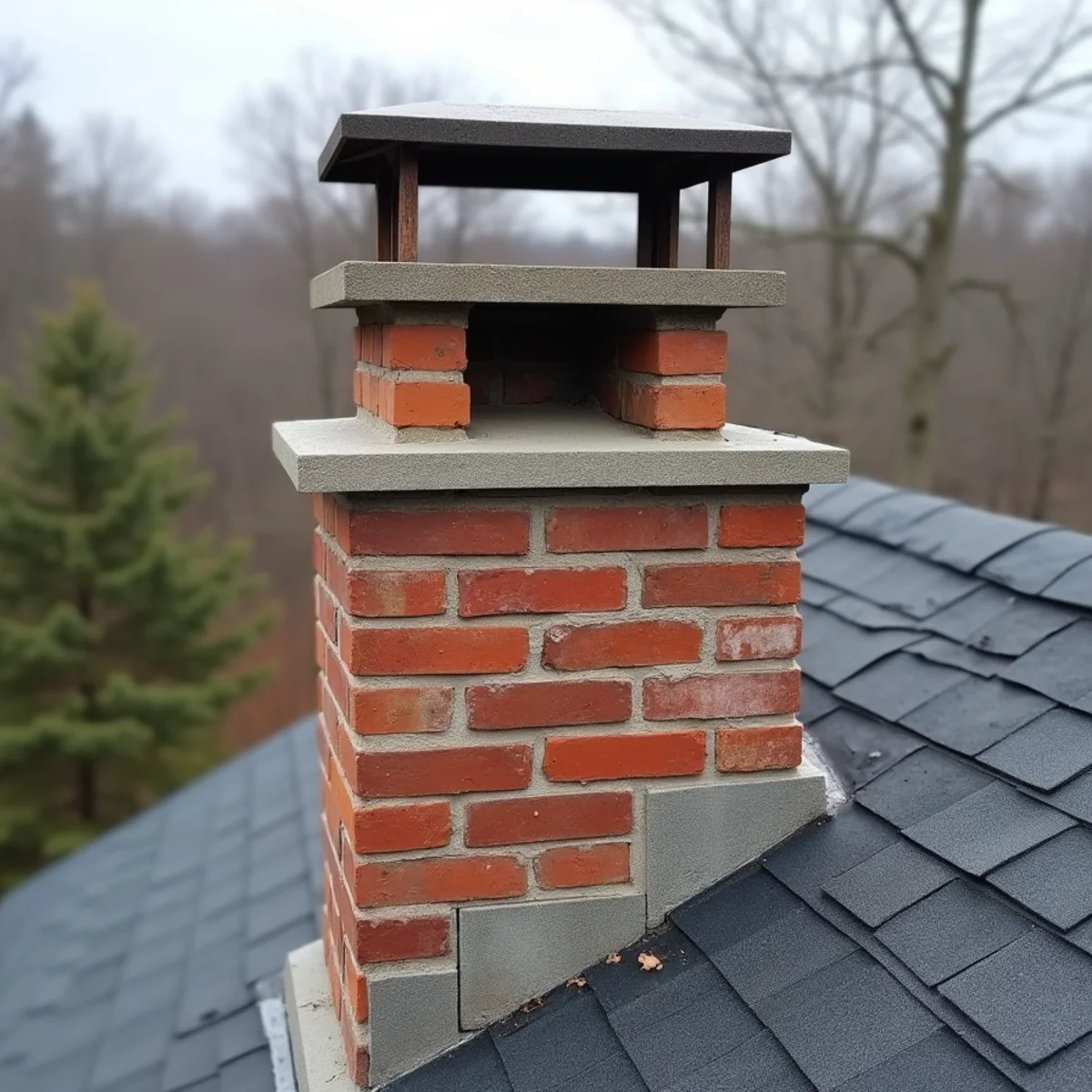 Rebuilt chimney crown and repointed brick above new counterflashing