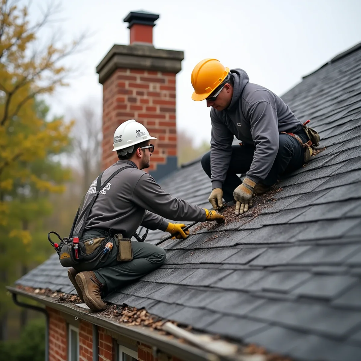 Roofer setting new copper step and counter flashing at a brick chimney on a Dorchester triple-decker in Boston, MA