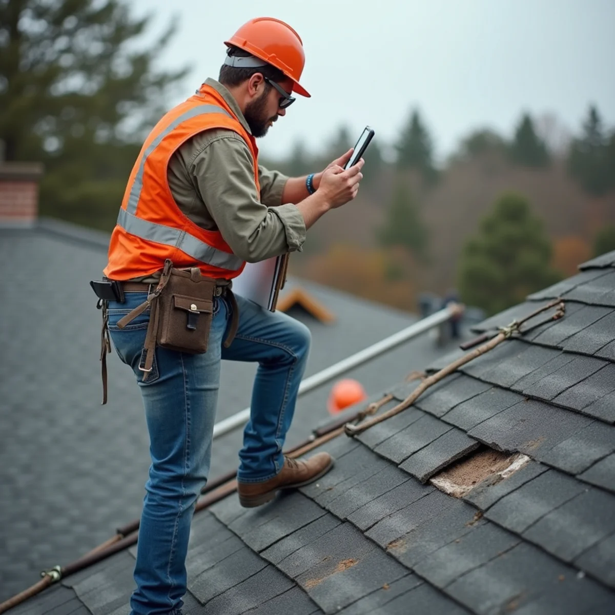 Roofer photographing and documenting shingle condition during a free inspection