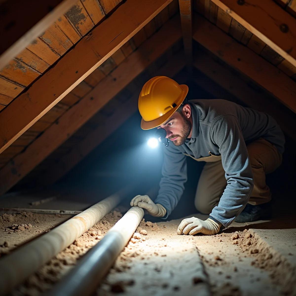 Attic ventilation and insulation being checked during a roof inspection