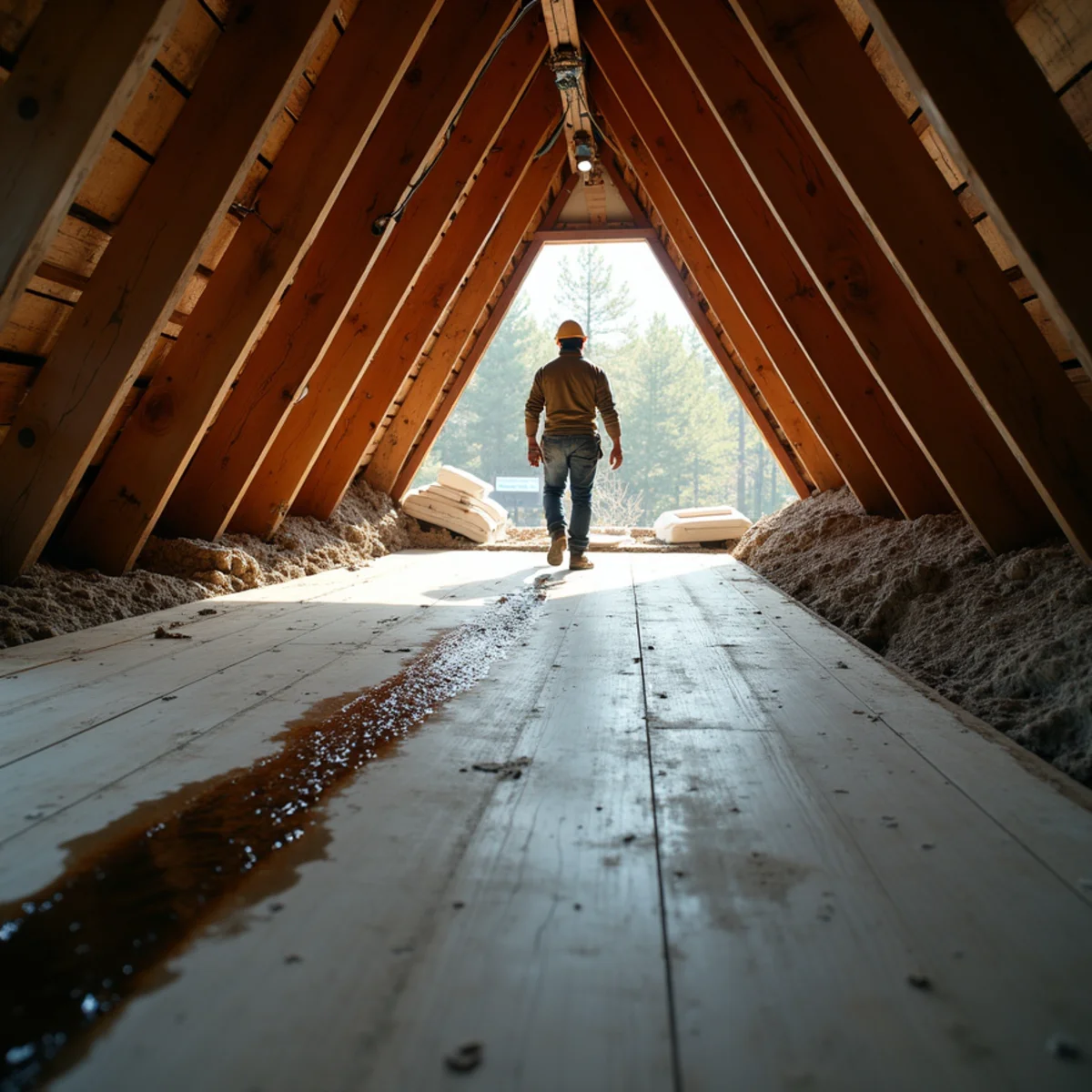 Water tracking along a rafter in a Boston attic, traced back to the roof leak