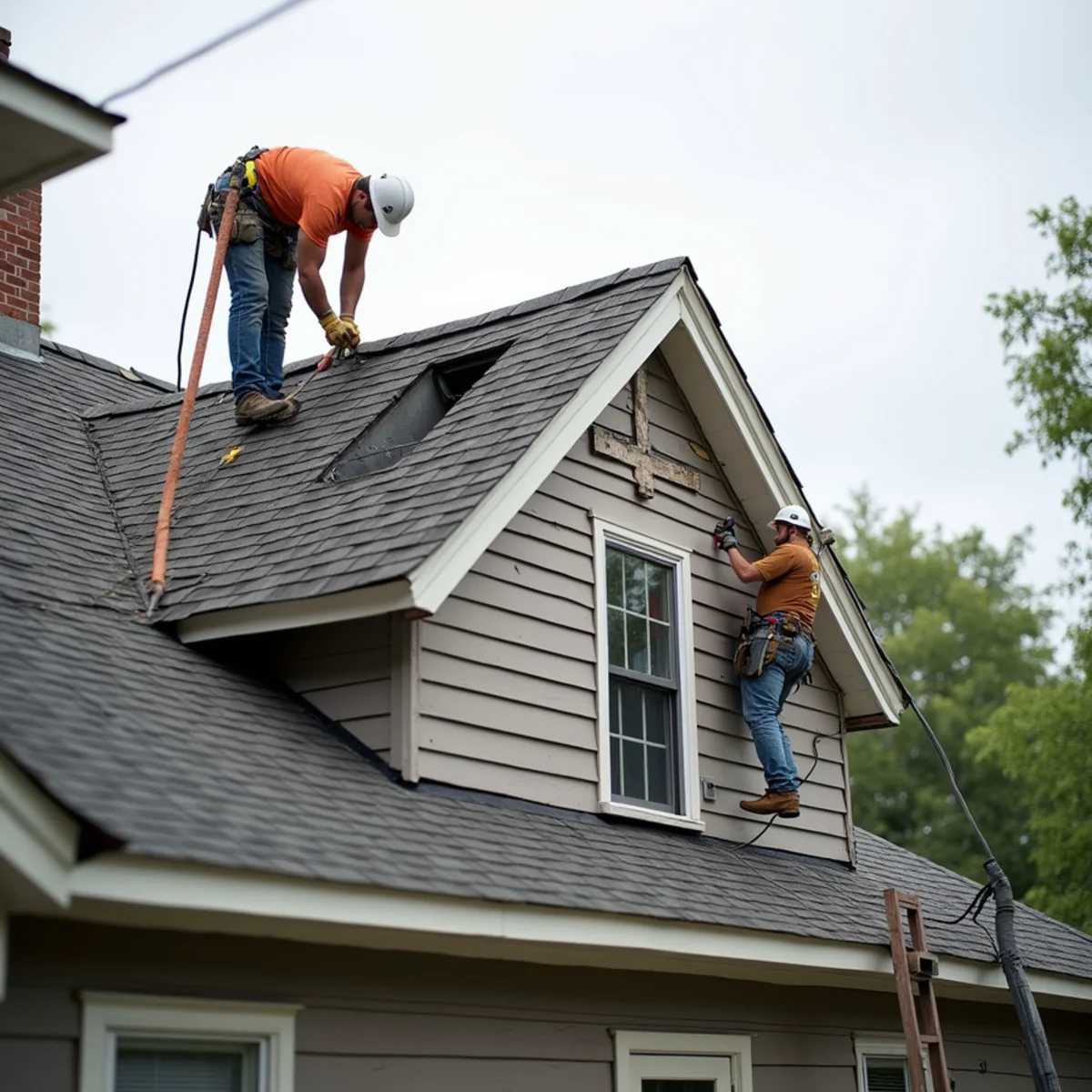 Roofer repairing a shingle valley and step flashing on a Dorchester triple-decker roof in Boston