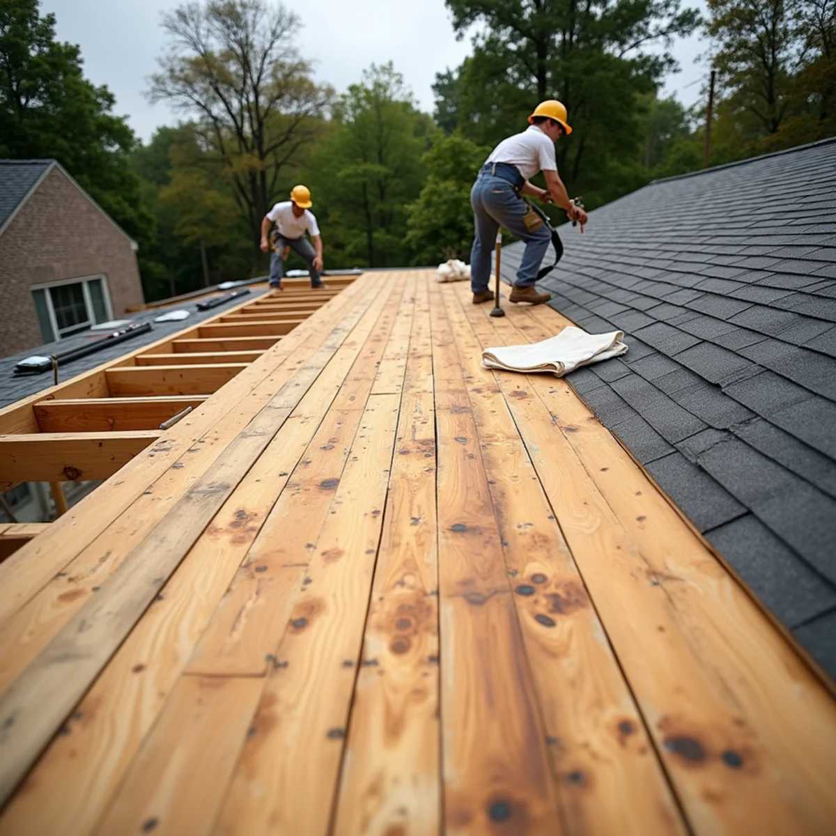 Exposed roof deck after a full tear-off on a Boston home