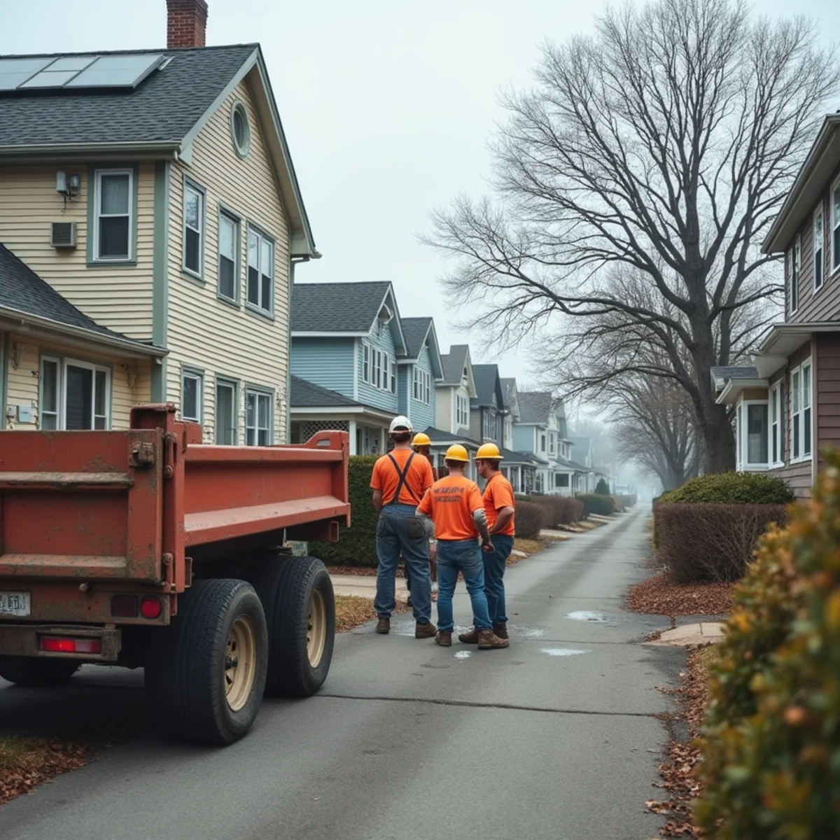 Wood-frame two-family houses and post-war capes with asphalt shingle roofs on a residential street near the water in Quincy, Massachusetts