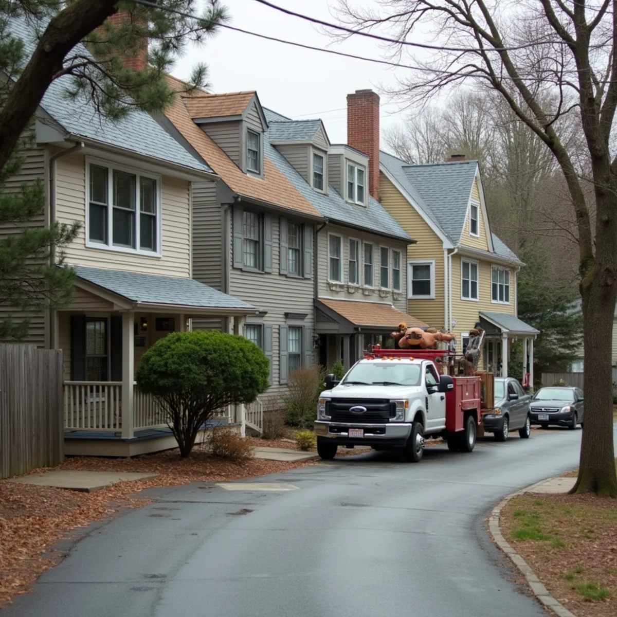 Typical West Roxbury, MA street showing the local roof types All Pro Phoenix Roofing works on