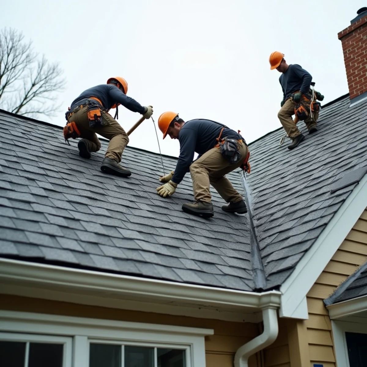 Residential roofing crew installing architectural shingles on a Massachusetts home