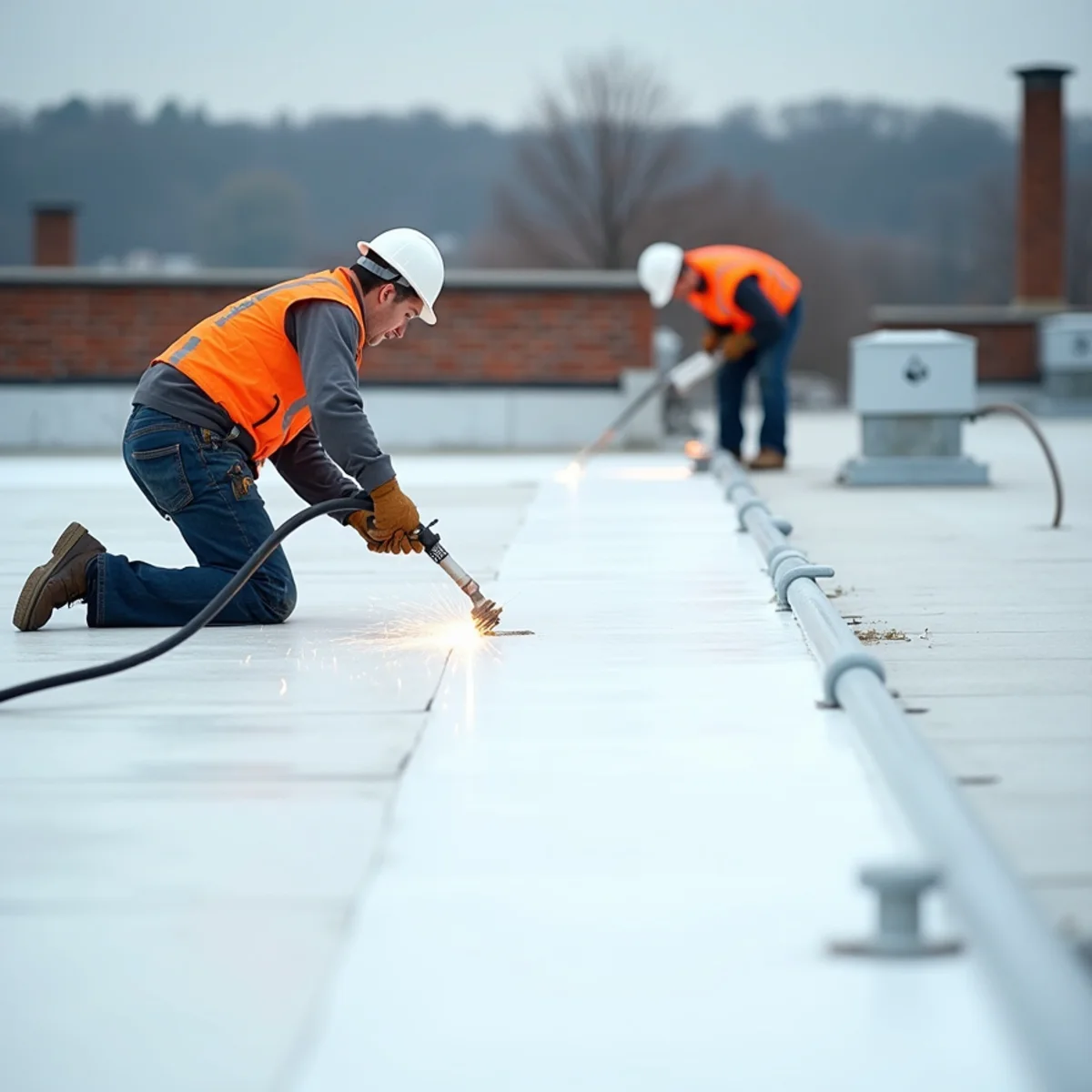 Commercial roofers welding a TPO membrane seam on a low-slope roof