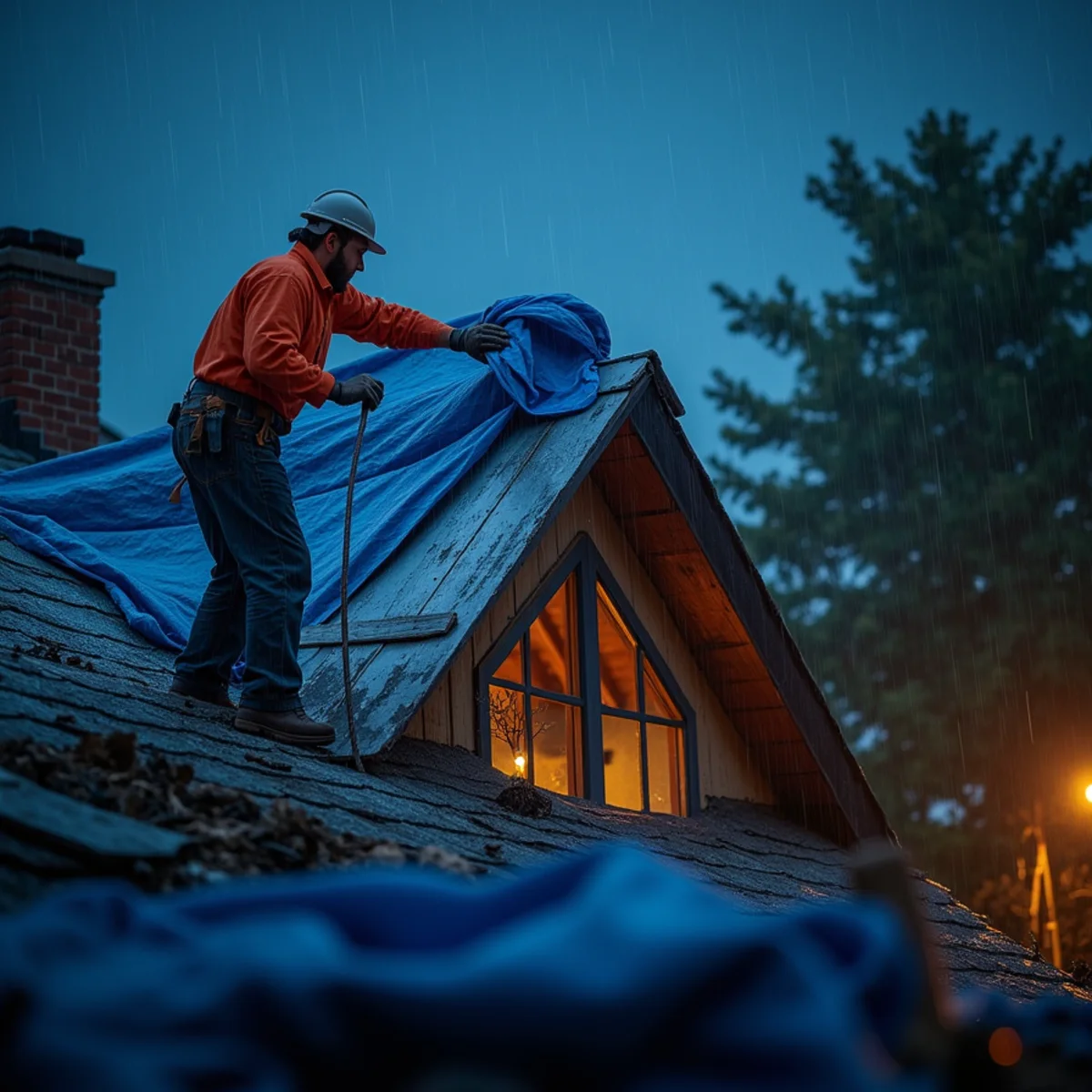 Emergency roof tarping in a storm on a Boston-area home
