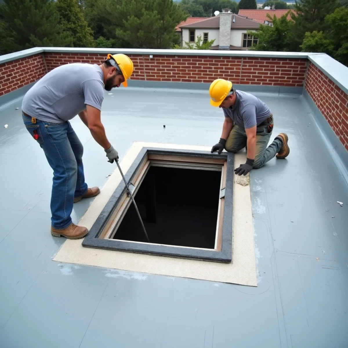 Skylight rough opening membrane-wrapped before the unit is set