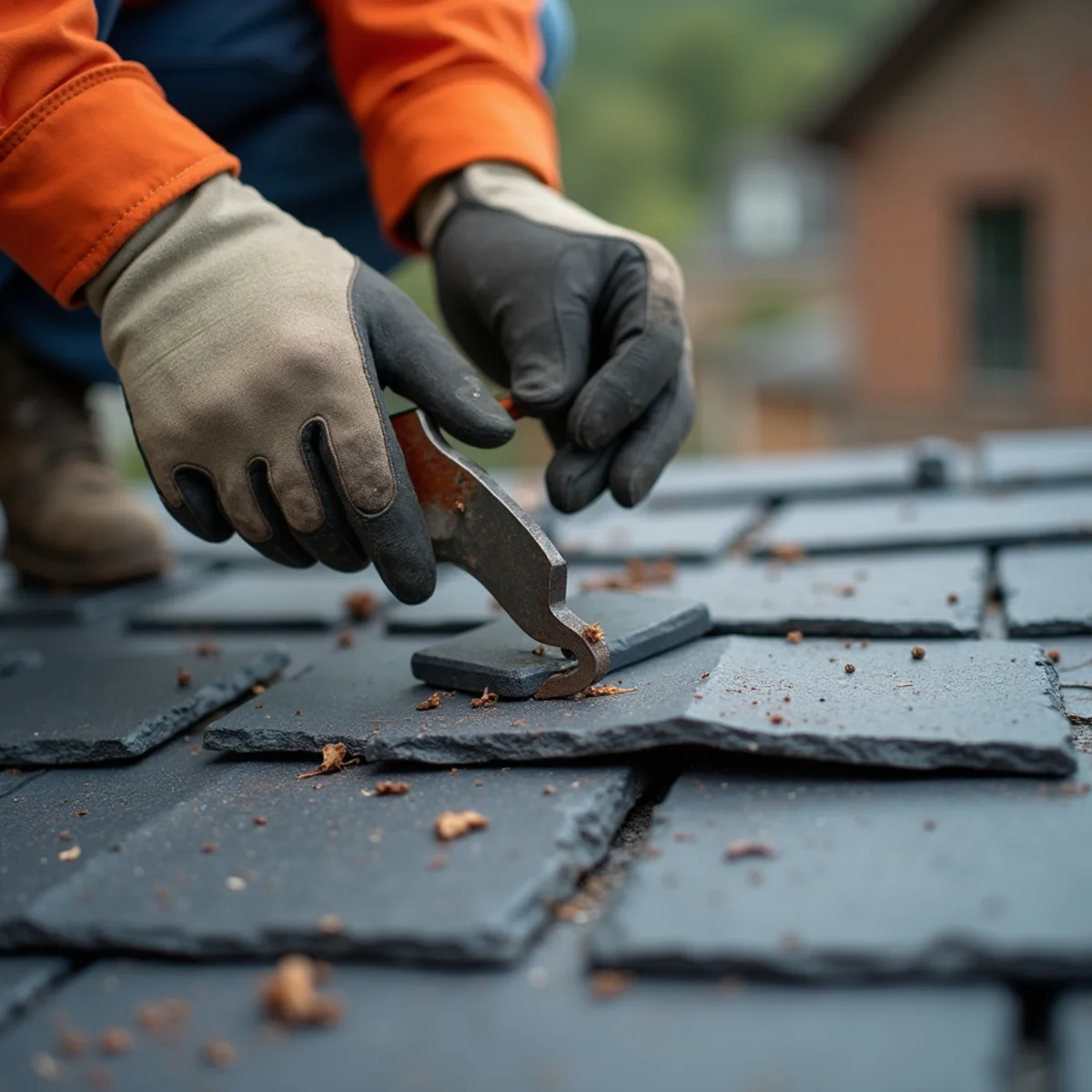 Slate ripper removing a broken slate for replacement with a copper hook