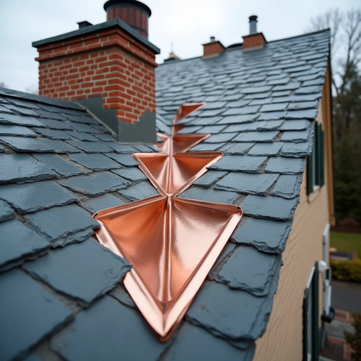 New copper valley installed between slate slopes on a historic roof