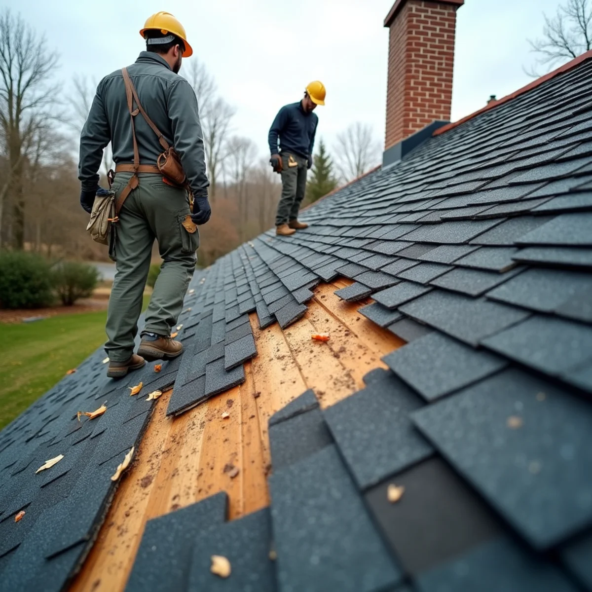 Wind-lifted shingles exposing underlayment after a Massachusetts storm