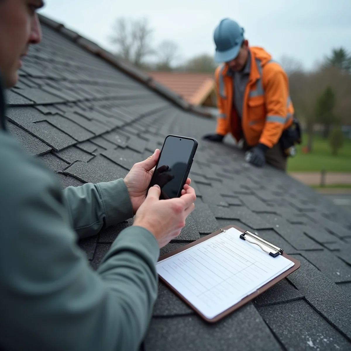 Roofer documenting storm damage for an insurance adjuster